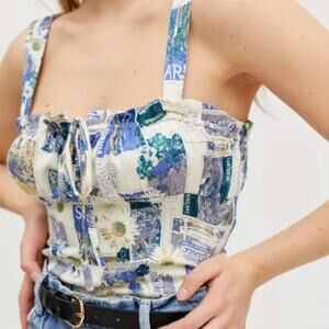 Urban Outfitters Valentina Blue Sleeveless Floral Bustier Cami Crop Top Size XS